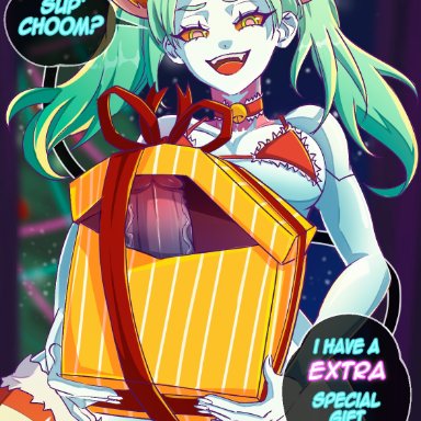 christmas, cyberpunk: edgerunners, rebecca (edgerunners), umi cumie umi, 1futa, bell, bikini, blue skin, choker, deer ears, deer horns, dick in a box, female, female only, futanari