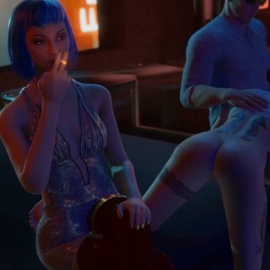 cd projekt red, cyberpunk 2077, evelyn parker, judy alvarez, buffsprout, 1boy, 2females, ass, ass grab, bisexual, blowjob, blue hair, breasts, clothed, clothed female