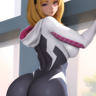 marvel, marvel comics, spider-man (series), gwen stacy, spider-gwen, flowerxl, 1girls, ass, ass focus, big breasts, blonde hair, clothed, clothing, female, female focus