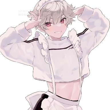 potti-p, 1boy, 1femboy, arms up, blush, blushing at viewer, bunny boy, bunny ears, femboy, grey hair, looking at viewer, maid outfit, male, male only, only male