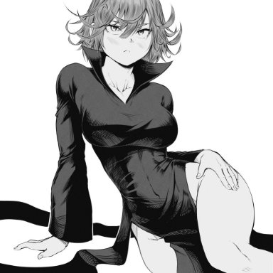 one-punch man, tatsumaki, speedl00ver, 1girls, blush, breasts, clothed, clothing, female, female focus, female only, hand on hip, looking at viewer, short hair, sitting on lap