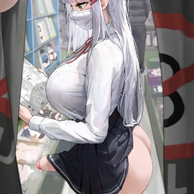 original, background character, iro (boo iro), 1futa, ass, big ass, black thighhighs, book, bottomless, breasts, clothed, clothing, curtains, erect, erection