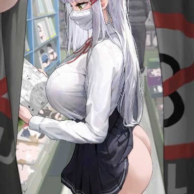 original, iro (boo iro), 1futa, ass, big ass, black thighhighs, book, bottomless, breasts, bulge, clothed, clothing, comic book, curtains, erection