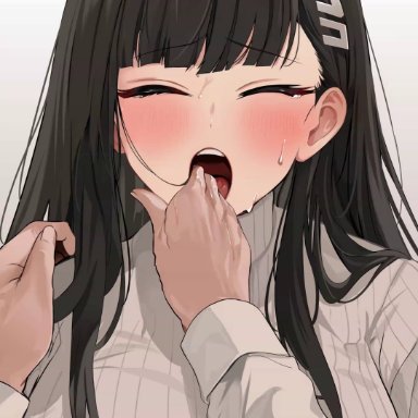 blue archive, seminar (blue archive), rio (blue archive), yuki (asayuki101), 1boy, 1girls, black hair, blush, breasts, clothed, clothing, female, female focus, finger in mouth, fingers in mouth