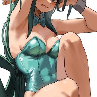 my hero academia, tsuyu asui, zd (pixiv6210083), 1girls, armpits, breasts, bunnysuit, legs together, leotard, sitting, solo, sweat, tongue out, tagme