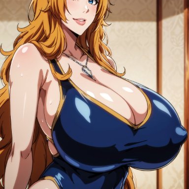 bleach, matsumoto rangiku, ringohanbagu, stable diffusion, 1girls, arms at sides, bare shoulders, bare thighs, big breasts, blue eyes, blush, breasts bigger than head, busty, chain necklace, chains