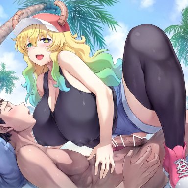 miss kobayashi's dragon maid, quetzalcoatl (dragon maid), gonzalo costa, mogudan, 1boy, 1girls, black tank top, black thighhighs, blonde hair, blue hair, blush, blush lines, brown hair, closed eyes, completely nude