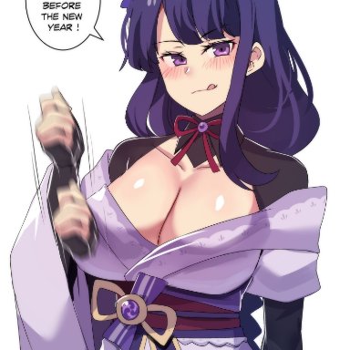 genshin impact, raiden shogun, hinghoi, inazuma, 1girls, breasts, cleavage, female, huge breasts, light skin, light-skinned female, long hair, naughty face, purple eyes, purple hair