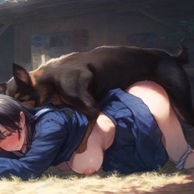 nanikasan17761, 1animal, 1girls, ass, big breasts, black eyes, black hair, blush, breasts, canine, clothed, clothed sex, doggy style, fucked silly, long hair