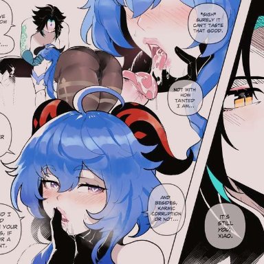 genshin impact, ganyu (genshin impact), xiao (genshin impact), thiccwithaq, black hair, blue hair, chained, cum, cum drip, cum in mouth, fellatio, goat horns, lips, comic, english text