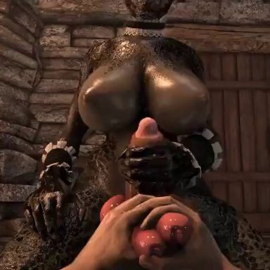 skyrim, argonian, lifts-her-tail, lusty argonian maid, rayhuma, 1boy, 1futa, anthro, athletic futanari, big penis, breasts, diphallia, diphallism, erection, frottage