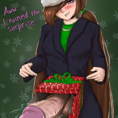 christmas, morgan (bluebl8d), bluebl8d, 1futa, blue jacket, blue pants, blush, breasts, brown hair, christmas present, clothed, clothing, dick in a box, ejaculation, fully clothed