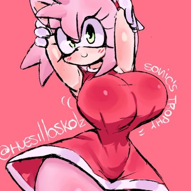sonic (series), sonic the hedgehog (series), amy rose, huesilloskolz, 1girls, animal ears, armpits, arms behind back, arms behind head, big breasts, breast focus, busty, cute, dress, furry