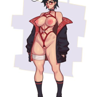 naruto, sarada uchiha, jakuson z, black hair, female only, full body, glasses, harness, large breasts, open clothes, pussy, short hair, standing