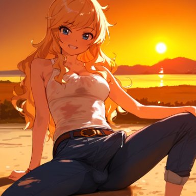 idolmaster, idolmaster cinderella girls, the idolm@ster, the idolm@ster cinderella girls, ootsuki yui, doseogwan, balls, barefoot, beach, belt, black tank top, blonde hair, blue eyes, breasts, bulge