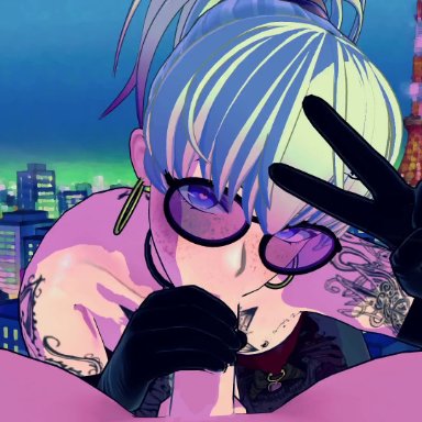 amaitiri, big ass, big penis, femboy, freckles, gay, gay sex, glasses, heart-shaped pupils, peace sign, tattoo, trap, v sign, voluptuous male, white hair