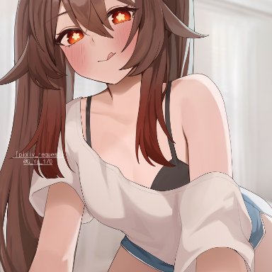 genshin impact, hu tao (genshin impact), g ya 170, 1girls, all fours, bare shoulders, black bra, bra, bra peek, breasts, brown hair, cowgirl position, licking lips, naughty face, red eyes