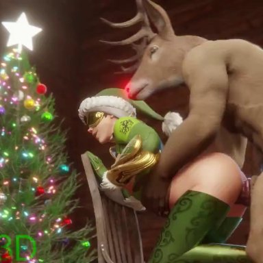 blizzard entertainment, christmas, holidays, overwatch, tracer, tracer (overwatch), rekin3d, anthro, anthro penetrating, anthro penetrating human, ass, balls, brown body, brown fur, christmas clothing