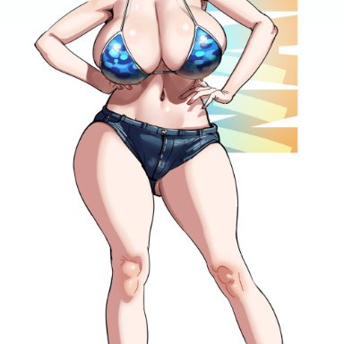 one piece, nami, asa (teng zi), 1girls, big breasts, bikini, bikini top, blue bikini top, blue shorts, bottomwear, breasts, cleavage, female, female only, footwear