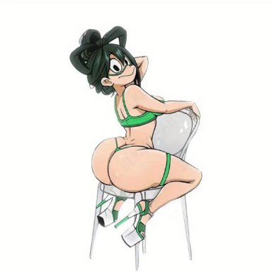 my hero academia, froppy, tsuyu asui, ass, ass focus, bubble butt, high heels, huge ass, sitting, sitting in chair, sitting on chair, thong, thong panties, white background, artist name