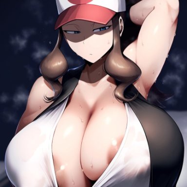 pokemon, hilda (pokemon), gloopai, armpits, arms up, big breasts, big nipples, breasts, brown hair, bursting breasts, expressionless, gigantic breasts, looking at viewer, nipple bulge, nipple slip