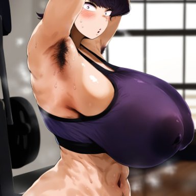 komi-san wa komyushou desu, komi shuuko, gloopai, 1girls, armpit fetish, armpit hair, armpits, arms up, belly, belly button, big breasts, breasts, bursting breasts, excessive pubic hair, female