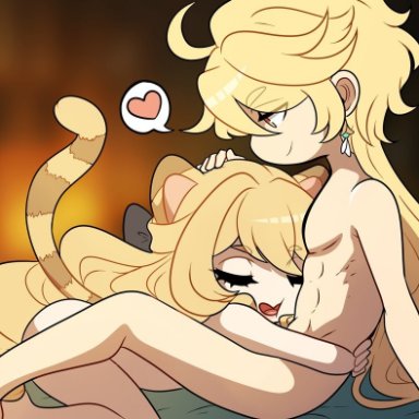 genshin impact, aether (genshin impact), navia (genshin impact), kinkymation, 1boy, 1girls, after sex, animal ears, animal tail, blonde hair, closed eyes, closed mouth, closed smile, cuddling, cute