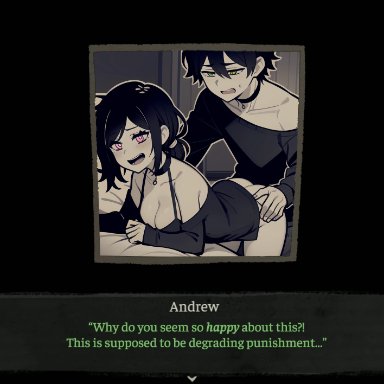 the coffin of andy and leyley, andrew graves, ashley graves, crextcomic, 1boy, 1girls, ambiguous penetration, bare shoulders, bed, black hair, blush, bottomless, brother and sister, choker, cleavage