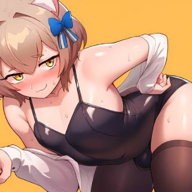 felix argyle, 1boy, animal ears, big ass, blush, brown hair, bulge, bulge under clothes, bunnysuit, cat ears, cat tail, catboy, femboy, hair ornament, hand on hip