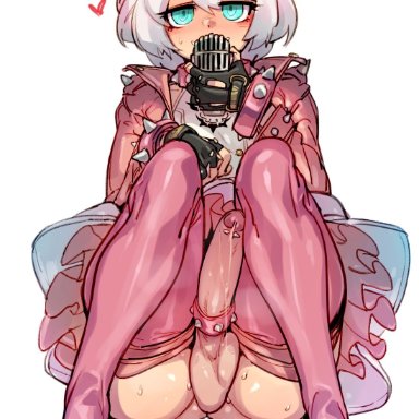 guilty gear, guilty gear strive, elphelt valentine, doppel, 1futa, balls, big penis, blue eyes, clothed, clothing, erection, futa only, futanari, human, light skin