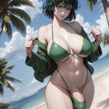 one-punch man, fubuki (one-punch man), aiser0, 1futa, beach, bikini, breasts, bulge, futanari, green hair, hoodie, large breasts, large penis, looking at viewer, open hoodie