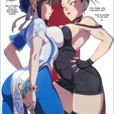 spy x family, street fighter, street fighter 6, chun-li, yor forger, felox08, 2girls, ass, big breasts, black hair, breast press, breast squeeze, brown hair, chinese clothes, clothed