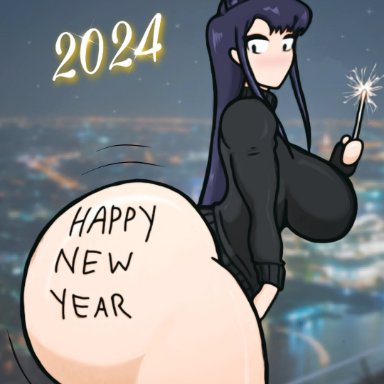 komi-san wa komyushou desu, new year, komi shouko, biggy deez, 1girls, ass, big ass, big breasts, black hair, body writing, bottom heavy, breasts, bubble butt, clothing, dat ass