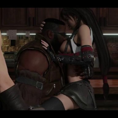 final fantasy, final fantasy vii, final fantasy vii remake, barret wallace, cloud strife, tifa lockhart, teehee7990, 1girls, 2boys, breast sucking, breastfeeding, breasts out, cuckold, large breasts, low-tied long hair