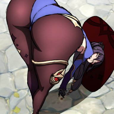 genshin impact, mona (genshin impact), dayyo, 1girls, ass, ass focus, bent over, big ass, bubble ass, bubble butt, closed eyes, clothing, coin, dat ass, female