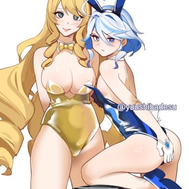 genshin impact, furina (genshin impact), navia (genshin impact), yuushiba, 2girls, ass, blonde hair, blue eyes, breasts, bunny ears, bunny girl, bunnysuit, covering crotch, female, female only