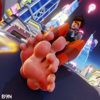 overwatch, overwatch 2, lena oxton, tracer, b9n, 1girls, barefoot, feet, feet focus, female, foot fetish, foot focus, fully clothed, no penetration, orange-tinted eyewear