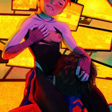 marvel, marvel comics, spider-man 2099, gwen stacy, miguel o'hara, spider-gwen, nickeronic, 1boy, 1girls, adult and teenager, age difference, biting lip, blonde hair, blush, breast fondling