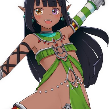 original, jtleeklm, 1boy, armpits, bare hips, black hair, blunt bangs, chastity cage, cuffs, dark elf, dark skin, dark-skinned femboy, dark-skinned male, detached sleeves, earrings