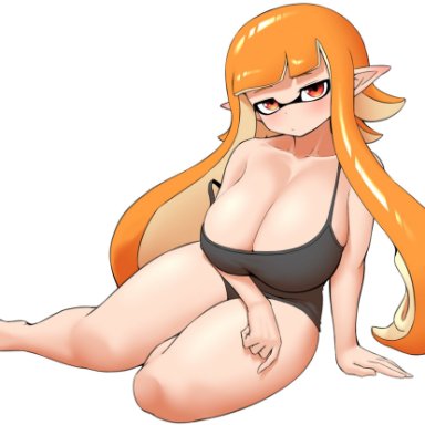 nintendo, splatoon, splatoon (series), inkling, inkling girl, nobunagapero, 1girls, alternate breast size, breasts, cleavage, female, huge breasts, light skin, light-skinned female, long hair