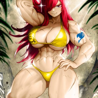 fairy tail, erza scarlet, thegoldensmurf, 1girls, abs, arm behind head, arm tattoo, big breasts, bikini, bikini bottom, bikini top, blue tattoo, brown eyes, cleavage, fairy tail mark