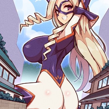 my hero academia, mount lady, virus-g, 1girls, arms up, ass, big ass, big breasts, blonde hair, blush, clothed, clothing, female, female focus, female only
