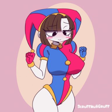 the amazing digital circus, pomni, scruffmuhgruff, 1girls, big breasts, blush, bouncing breasts, breasts, brown hair, cute, embarrassed, jester, jester girl, jester outfit, jiggle