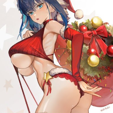 christmas, hololive, hololive english, hololive english -council-, hololive english -promise-, ouro kronii, artist request, 1girls, armwear, ass, big breasts, blue eyes, blue hair, breasts, christmas bag