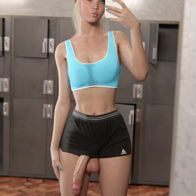 adidas, iphone, snapchat, oc, quinn (mikeymack), mikeymack, abs, belly button piercing, big balls, big penis, blonde hair, blue eyes, futanari, hanging balls, hat