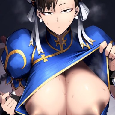 street fighter, chun-li, gloopai, big breasts, big nipples, breasts, bursting breasts, expressionless, gigantic breasts, looking at viewer, nipple bulge, nipple slip, nipples, steam, steaming body