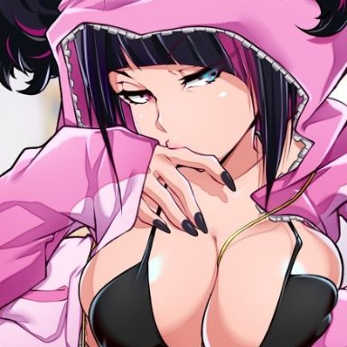 street fighter, street fighter 6, juri han, bayeuxman, 1girls, arm up, big breasts, biting, bitting finger, black hair, bra, clothed, clothing, female, female focus