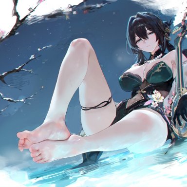 honkai: star rail, ruan mei (honkai: star rail), misaka 12003-gou, feet, foot fetish, huge thighs, large breasts, plum blossoms, thick hips, thick thighs, thigh strap, toes, wide hips, chinese text, text