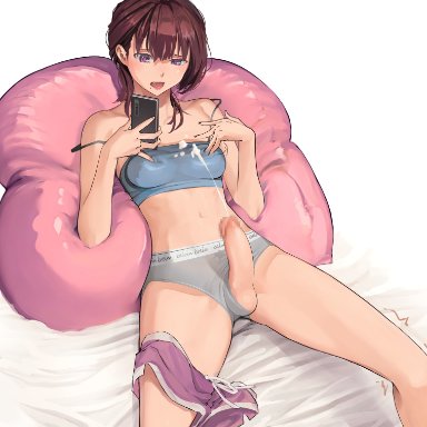 original, shiratama (monster1553), 1futa, balls, big penis, breasts, brown hair, cellphone, clothed, clothing, cum, ejaculation, erection, futa only, futanari