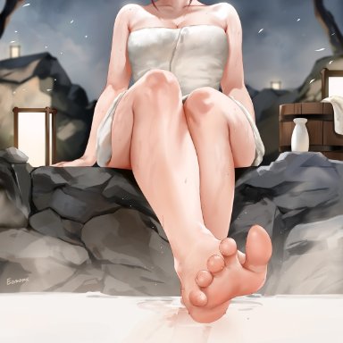 chainsaw man, shounen jump, makima (chainsaw man), easonx, 1girls, bare shoulders, barefoot, feet, feet focus, female, female only, foot fetish, foot focus, hot spring, legs